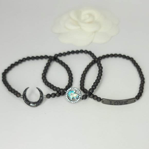 NEW 3 PCS Set Hamsa Love Moon Hematite Bracelets - Picture 4 of 7